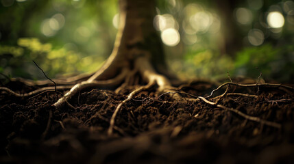 Fototapeta premium A close-up photograph of intertwined roots, thick and sinewy, emerging from rich