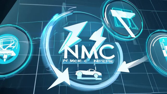 NMC logo against a background of a cityscape with skyscrapers. Concept: technology and urbanism, IT industry.