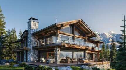 Obraz premium A sophisticated mountain chalet with a modern rustic design