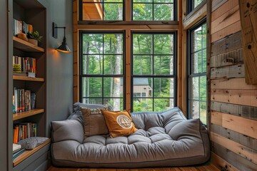 Fototapeta premium Sunlit reading nook with a large window, cushioned seating, and bookshelves, creating a tranquil space for relaxation and reading.