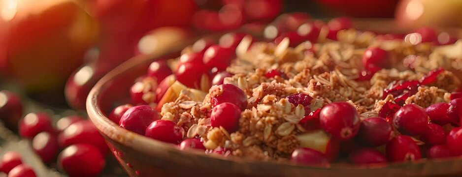 Making cranberry apple crisp for National Cranberry Day, November 23rd, fruity desserts and seasonal flavors, 4K hyperrealistic video.