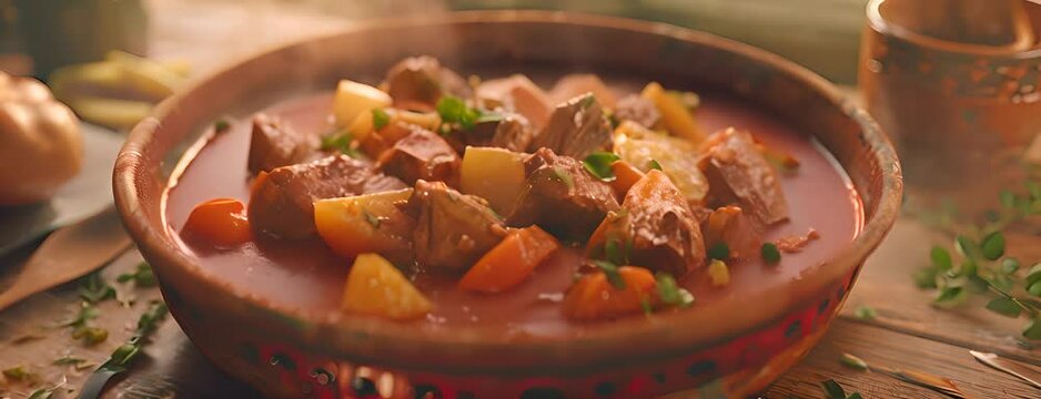 Hearty beef stew simmered to perfection with root vegetables, 4K hyperrealistic video