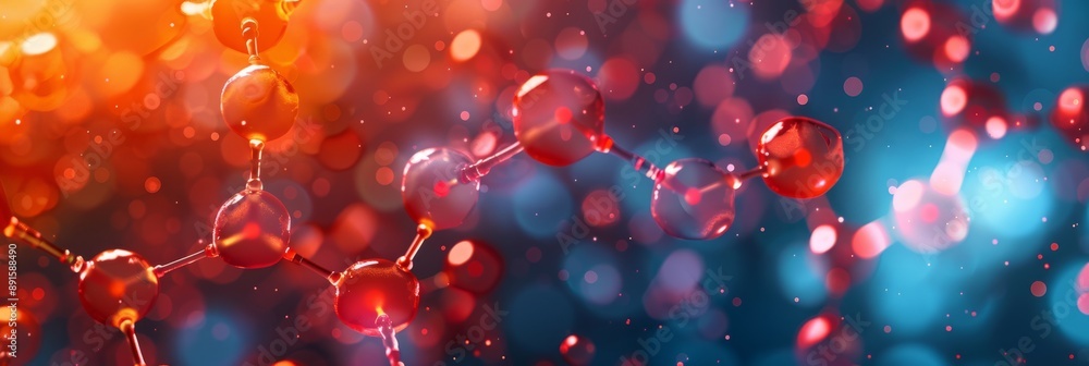 Poster this is a colorful abstract representation of molecular structures set against a vibrant bokeh backg