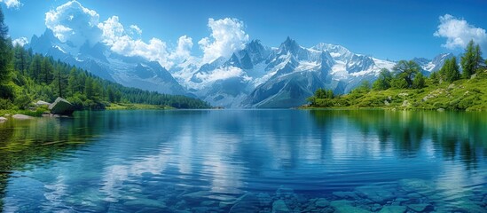 Fototapeta premium Crystal Clear Lake Surrounded by Majestic Mountains