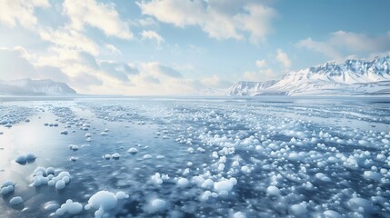 Obraz premium A vast frozen lake is covered in ice balls of various sizes, The sky is blue with a few white clouds, Snow-capped mountains can be seen in the distance, The sunlight glints off the ice formations.