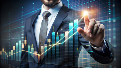 Business investing concept with man finger on digital touch screen with trading diagram and graphs on dark background
