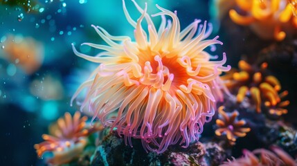 Vibrant Sea Anemone with Delicate Tentacles and Soft Pink Hues Against a Blue Background, Captivating Underwater Scene