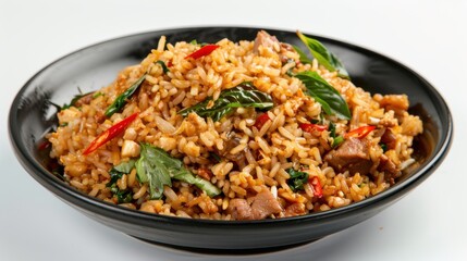 stir fried fried fish with basil and chili in thai style topped on rice. Generative Ai