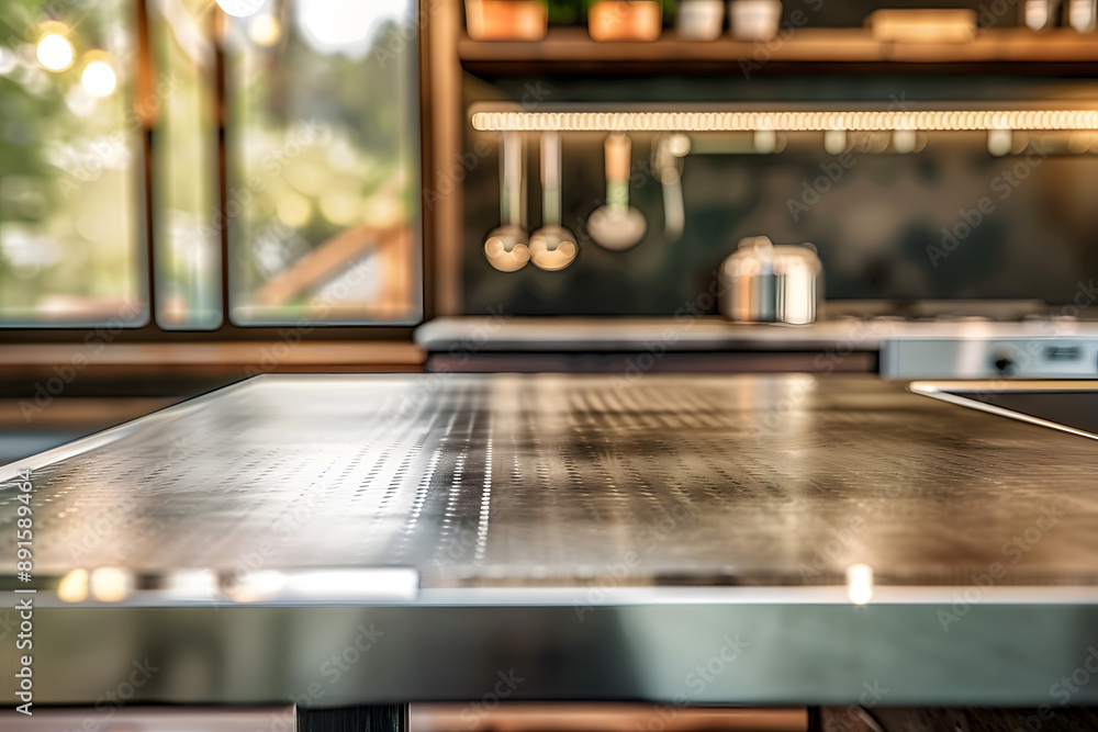 Aufkleber steel table top with blurred empty kitchen background can be used for mocking up or display product 