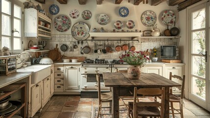 Cozy French Country Kitchen with Antique Furniture and Floral Decor