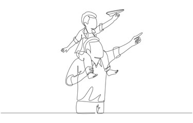 Continuous one line drawing of son riding father's neck playing paper airplane, happy father and son concept, single line art.