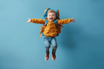 Happy child jumping with joy wearing a backpack.
