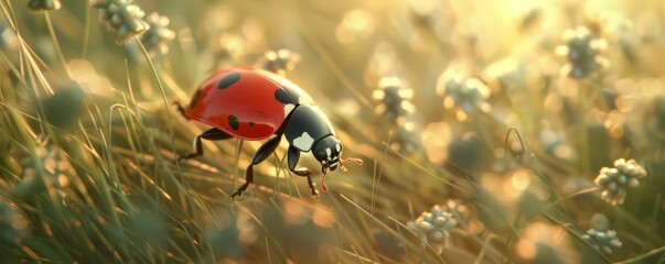 A macro shot of a ladybug crawling on a blade of grass.