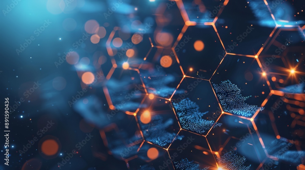 Poster a stunning abstract image featuring a golden and blue hexagonal pattern with captivating glowing lig