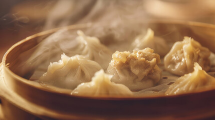 A close-up photograph of steamed dumplings in a bamboo steamer, translucent wrappers revealing a bit of the filling, garnished with minced ingredients