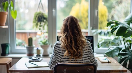 Engrossed Woman Participating in Online Professional Development Workshop from Home Office Setup with Laptop, Notepad, and Pen in View