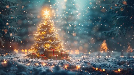 Naklejka premium Christmas tree and gift boxes on snow at night with a sparkling star and forest background