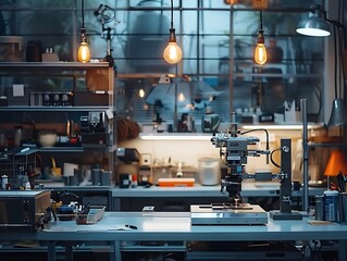 Industrial Workspace with Machine and Vintage Lightbulbs Photo
