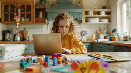 Engaged Child in Virtual Math Class with Colorful Learning Aids on Kitchen Island
