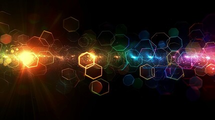 
Lens flare effect with light on a black background. Abstract sunburst featuring digital lens flare with rounded and hexagonal shapes, along with a rainbow halo
