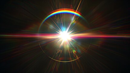 
Lens flare effect with light on a black background. Abstract sunburst featuring digital lens flare with rounded and hexagonal shapes, along with a rainbow halo