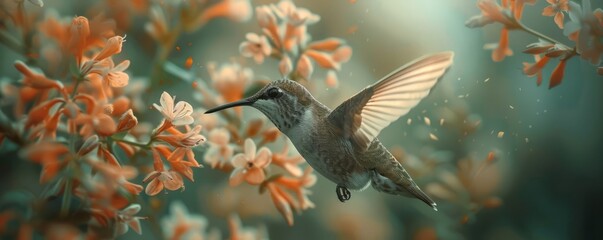 Fototapeta premium A close-up of a hummingbird at a flower.