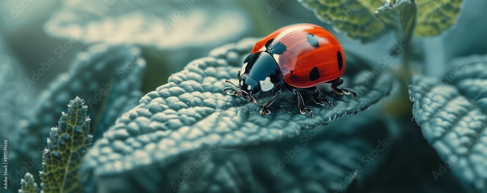 Poster a macro shot of a ladybug crawling on a leaf.
