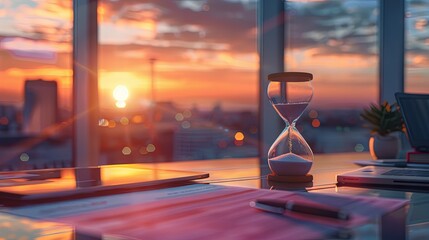 The deadline concept: An hourglass on a report background in an office with a beautiful sunset view