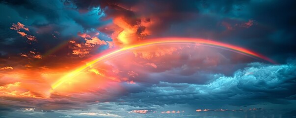 A vibrant rainbow stretching across a stormy sky.