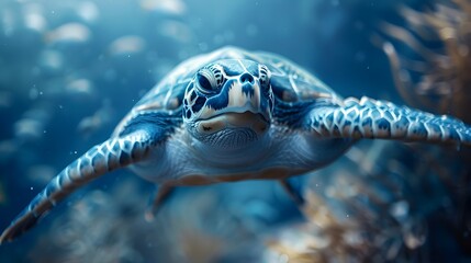 Obraz premium Serene Sea Turtle Gliding Effortlessly Through Blurred Underwater Seascape