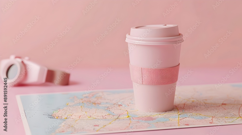 Poster minimalistic 3d travel mug with world map on light background,exploring concept