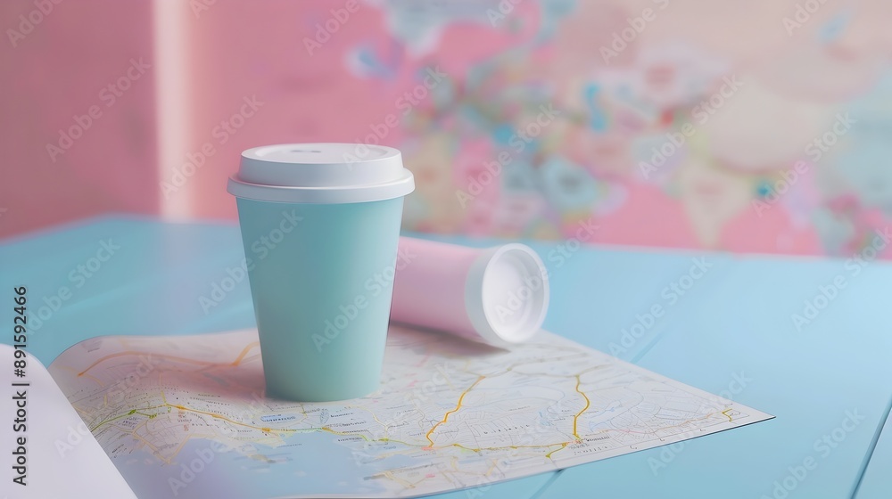 Poster Minimalist 3D Travel Mug and Map Exploring Concept on Light Background