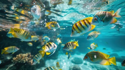 Fototapeta premium Tranquil School of Tropical Fish Swimming in Crystal Clear Blue Water