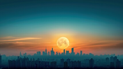Obraz premium Cityscape Silhouette with Full Moon Rising