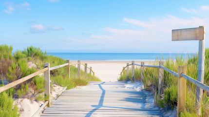 Beach Pathway Leading to Sandy Beach with Lush Greenery. Explore the Serene Coastal Landscape Perfect for Relaxation. Bright Blue Sky and Calm Waters Await You