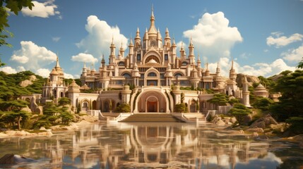 Fototapeta premium a castle in the sky with a reflection of the castle in the water.