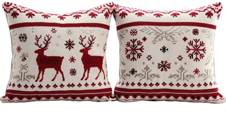 Festive holiday throw pillows with red reindeer and snowflake patterns, perfect for adding a cozy winter touch to any home decor.