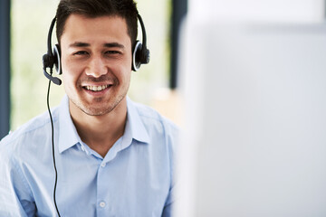 Man, portrait and headset for crm, customer service and telemarketing and call center. Office,...