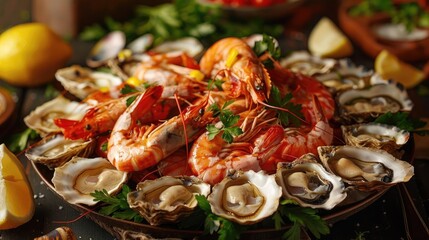 A delectable seafood platter featuring fresh oysters and succulent shrimp, beautifully garnished and ready to serve.