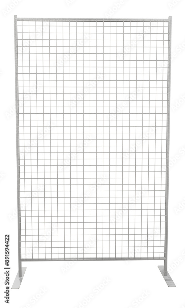 Poster modern retail display in 3d. this isolated render showcases a white wire mesh display rack with clea