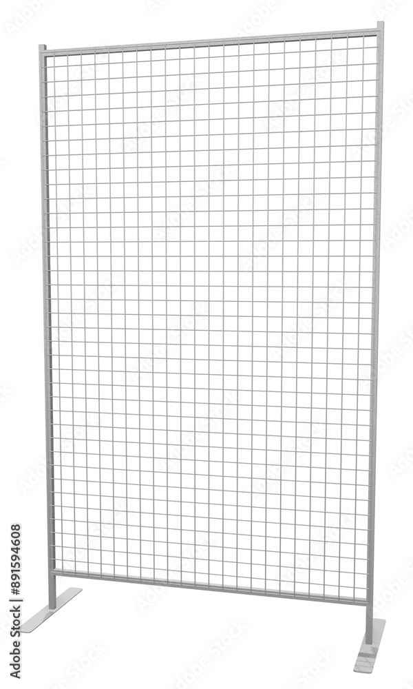 Poster this high-resolution 3d render of a white wire mesh display rack, isolated on a transparent backgrou