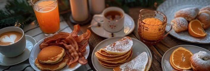 Cozy breakfast with pancakes, croissants, bacon, coffee, and orange juice on a rustic table setting.