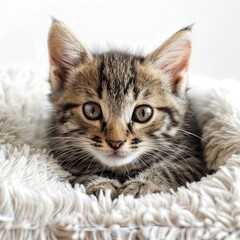 Squinting brown mackerel tabby kitten on fluffy bed white background