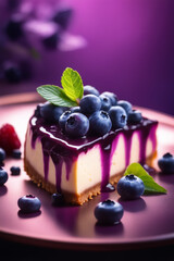 A cheesecake with Blueberry in Purple colored natural background

