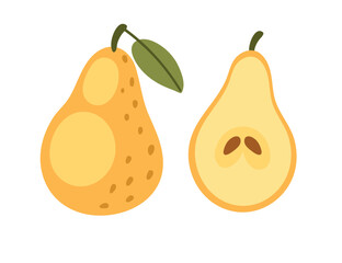 Whole and halved pear with seed and green leaf. Fresh smooth yellow fruit. Vector illustration isolated on white background
