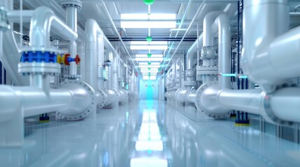 Obraz premium High-Tech Facility, Interior with complex white piping, Industrial Innovation.