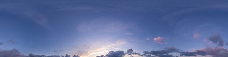 Sky 360 panorama - Bright blue sky filled with fluffy white Cumulus clouds. Seamless hdr spherical 360 panorama. Sky dome sky replacement for aerial drone 360 panoramas. Weather and climate change