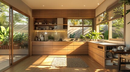 Fototapeta premium Serene Zen Kitchen Oasis with Natural Materials and Calming Colors