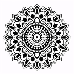An intricate black and white mandala pattern, white background