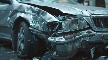 Fototapeta premium Tragic silver car collision photograph twisted metal shattered glass pavement city road devastation violence impact damage transport injury disaster catastrophe insurance trouble incident speeding